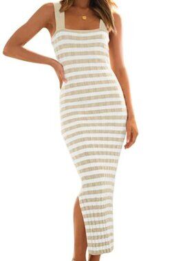 MeroKeety Bodycon Midi Dress Thick Ribbed Knit, Striped, Tan/Off-White, Size M